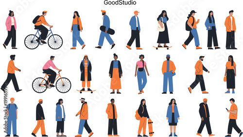 People walking and urban lifestyle characters set with diverse casual outfits city activity cartoon vector illustration