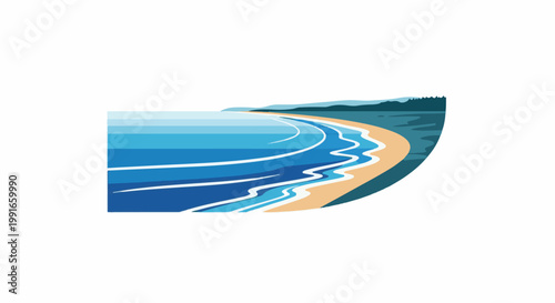 Stylized beach scene with calm ocean waves rolling onto tan sand
