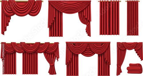 Red curtain collection set with drapery stage theater curtains and window decor cartoon vector illustration