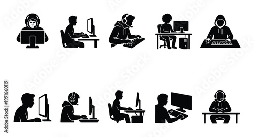 Esports gamer silhouette icons, professional cyber sport players with headsets and computers, 10 black vector gaming character symbols for streaming