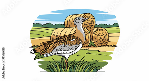 Stylized bird stands in grass near hay bales in a field