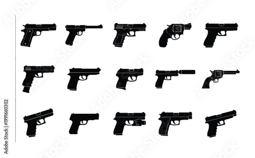 Black handgun silhouettes set, 15 pistol and revolver icons vector collection, firearm side view symbols for tactical and security design