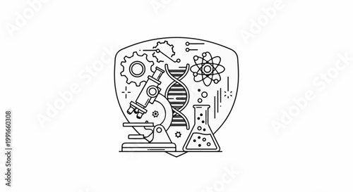 Science symbols microscope, DNA, atom, flask, gears, circuits
