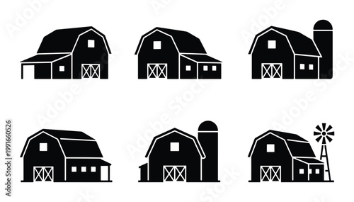 Rustic farm barn icons set, black silhouette farmhouse vector collection, traditional agriculture building illustrations with silo and windmill