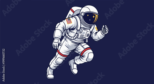 Stylized astronaut in white suit with American flag patch running