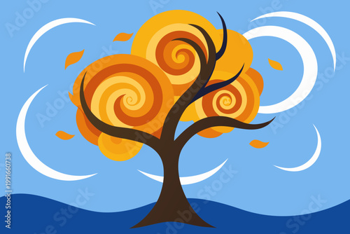 Autumn tree, swirling leaves, fall icon, vector illustration