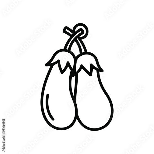 Two fresh organic eggplants tied together outline vector icon design for healthy food menu illustration or culinary website graphic element isolated on white background