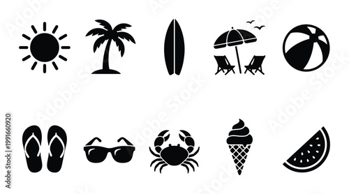 Summer beach icons set, black silhouette vacation symbols, tropical holiday vector elements, 10 flat travel graphics for seasonal design