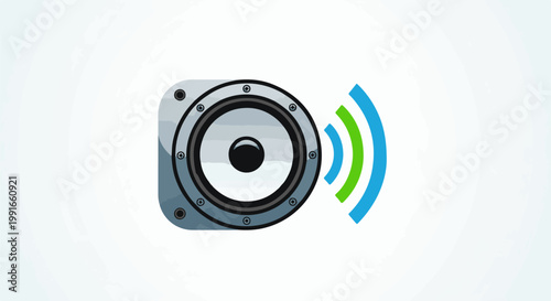 Stylized audio speaker emitting sound waves in blue and green