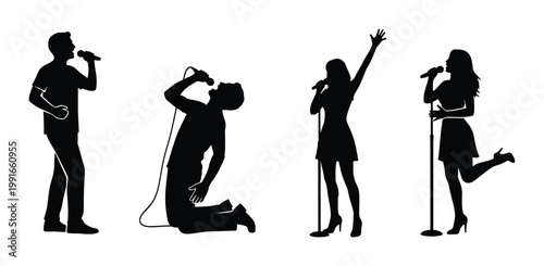 Singer silhouette vector set, male and female vocalists performing with microphones, black music artist figures on white background, 4 icons