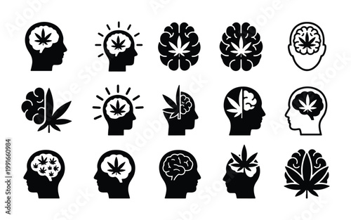 Cannabis and brain health icons, 15 marijuana leaf and human head vector symbols, medical marijuana psychological effects and mental health concepts