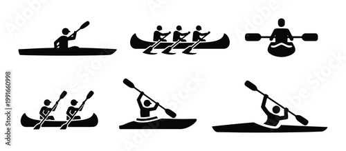 Kayaking and canoeing icons set, black silhouette rowing and paddling vector elements, water sports competition and outdoor recreation symbols