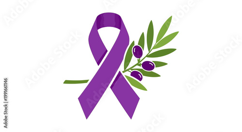 Purple awareness ribbon with olive branch illustration.