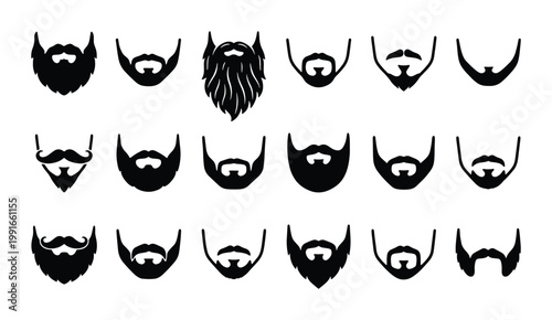 Barber shop beard and mustache icons set, masculine facial hair silhouettes, 18 black vector grooming elements for men's fashion and salon branding