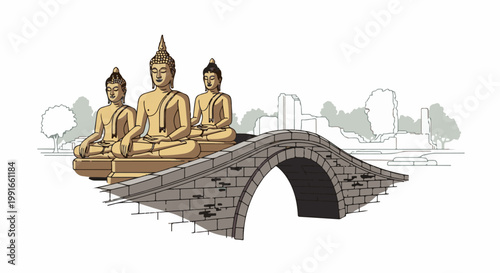 Stone bridge crosses waterway, with three Buddha statues overlooking ruins