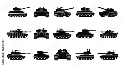 Military tank silhouettes set, 15 armored vehicle icons in black vector format, heavy artillery and war machine collection for tactical design