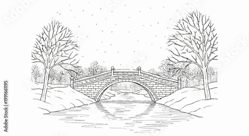 Stone bridge over flowing water in a snowy winter landscape