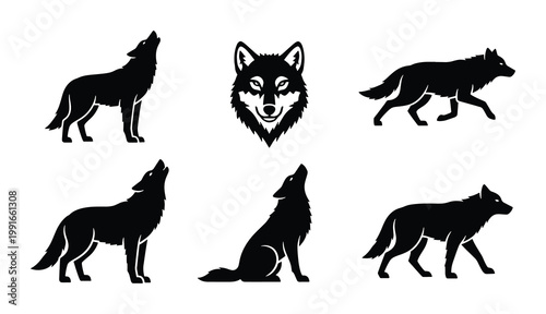 Wolf silhouette vector icons set, howling wild animal black shapes, coyote and timber wolf head mascot, predator wildlife collection for logos