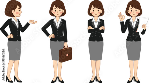 Businesswoman character set in formal suit posing with gestures and documents cartoon vector illustration