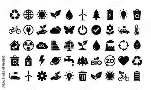 Ecology and sustainability icons set, 50 black environmental vector symbols, green energy and recycling signs for eco-friendly web design