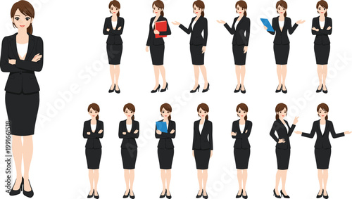 Businesswoman poses collection professional office woman in formal suit vector illustration