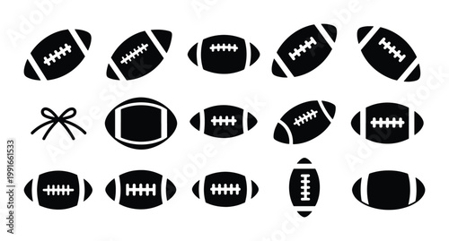 American football icons set, black silhouette sports ball collection, 14 vector football elements for athletic branding and game day graphics