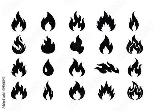 Fire flame silhouette icons set, black bonfire and blaze symbols collection, 20 vector heat and energy graphic elements for logo design