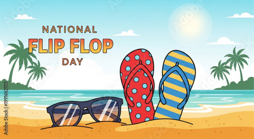Colorful flip flops and sunglasses on sandy beach with palm trees and ocean during national flip flop day celebration