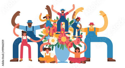 Diverse people celebrating with colorful flowers and vase