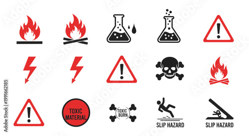 Collection of red and black hazard warning signs, including fire, electricity, chemicals, and slip dangers, on a white background.