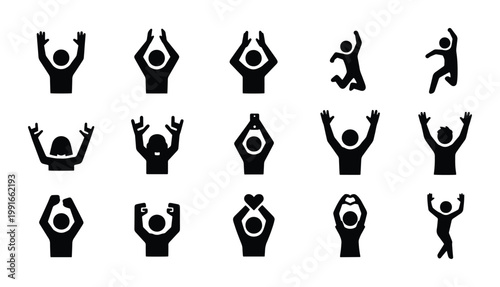 Crowd silhouette icons set, 15 black vector people cheering and celebrating, audience fans with raised hands, concert and event party symbols