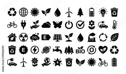 Eco-friendly ecology icon set, 50 green energy and sustainability vector symbols, black minimalist environmental conservation signs for web design