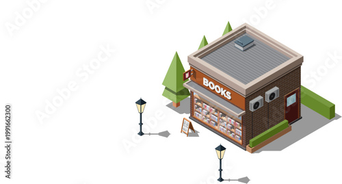 Isometric bookshop. Bookstore. Isometric vector bookshop building. Isometric exterior of bookshop. Isometric of street shop building