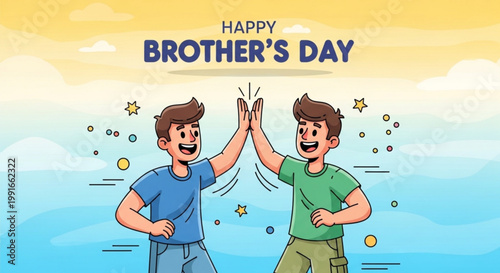 Two joyful brothers celebrating brother's day with a high five under a vibrant sky filled with stars and confetti