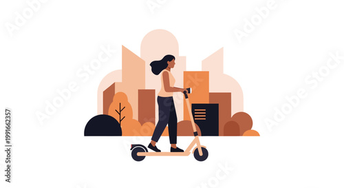 Woman riding electric scooter in city, urban transportation, eco-friendly commute