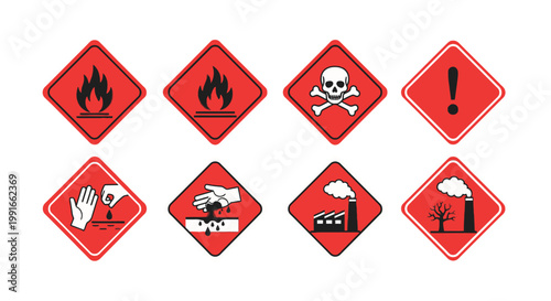 Set of red square hazard pictograms for fire, toxic, general warning, hand injury, industrial pollution, and environmental damage on an isolated white background.