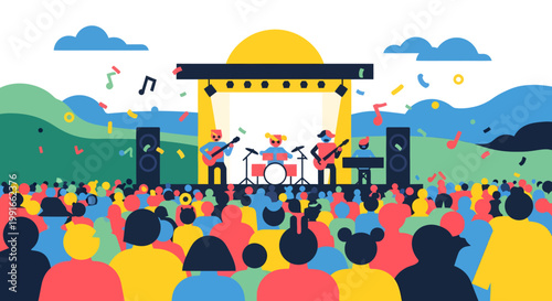 outdoor music festival with crowd and band performing on stage