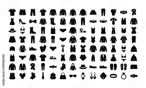 Minimalist clothing icons set, black silhouette apparel and fashion accessories collection, 112 vector garment symbols for retail and e-commerce