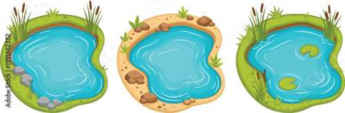 Cartoon pond set with water lily grass and rocks nature landscape vector illustration