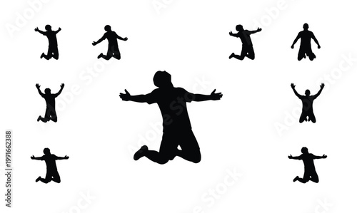 Jumping man silhouette collection, set of 9 happy people jumping in mid-air, active male figures celebrating success and freedom vector