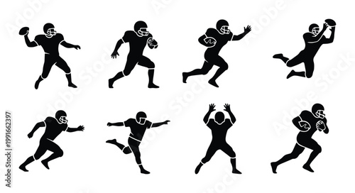 American football player silhouettes set, 8 black vector icons of athletes in action, professional football players running and catching ball