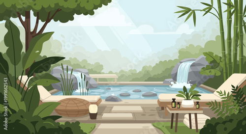 serene tropical resort pool with waterfall and lush greenery