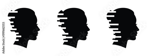 Glitch effect female head silhouettes, digital human profile vector set, black pixelated woman face icons for technology and mental health concepts