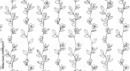 Delicate monochrome floral seamless pattern with small flowers and leaves on vertical vines in a hand-drawn line art style on an isolated white background.