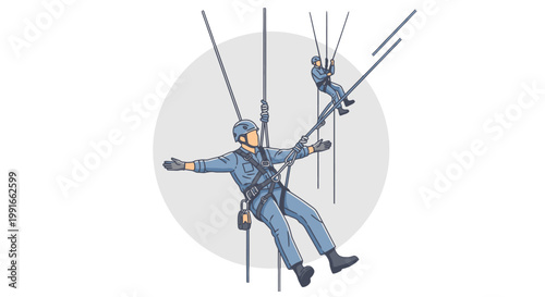 Man in blue jumpsuit ziplining outdoors.