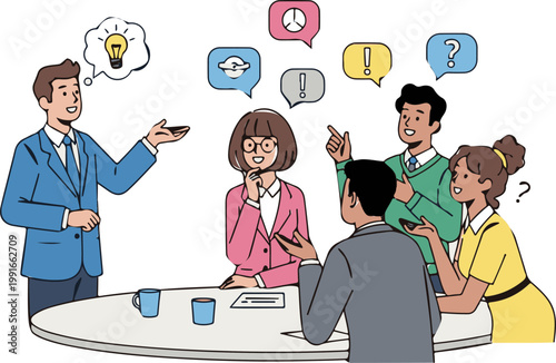 A diverse group of business professionals collaborates and shares innovative ideas during an engaging and productive office meeting.