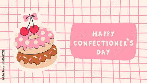 Happy Confectioners Day Banner with Donut. Cute pastry vector background 1920x1080 ratio with pink sweet dessert and soft checkered layout for festive promotion modern cafe visuals