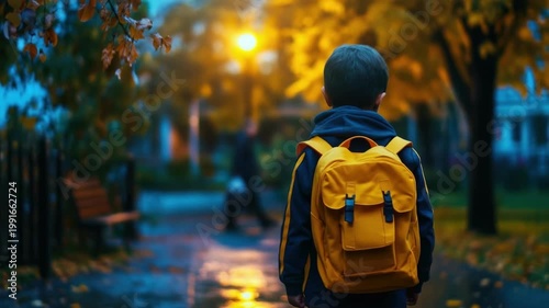 Young caucasian child with yellow backpack stands on autumn street at dusk. Back to School, School Season, First Day of School - Education Supplies, Academic Year Beginning