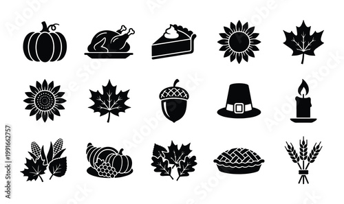Thanksgiving icon set with autumn harvest elements, black silhouette holiday symbols, 15 vector graphics for seasonal celebration and dinner menus