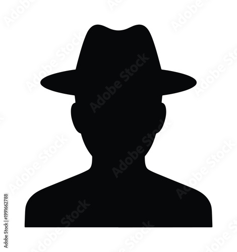 Mysterious man silhouette wearing fedora hat, anonymous male profile avatar icon, black detective head and shoulders vector illustration